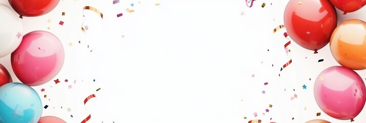 Aufkleber - Vibrant party supplies like balloons, confetti, and ribbons arranged on a white background, perfect for creating festive invitations or announcements. Generative AI