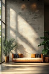 Poster - Spacious loft apartment interior with concrete wall, tropical plants. Wooden daybed with cushions focal point. Natural light creates shadows. Modern minimalist design with calm, serene atmosphere.