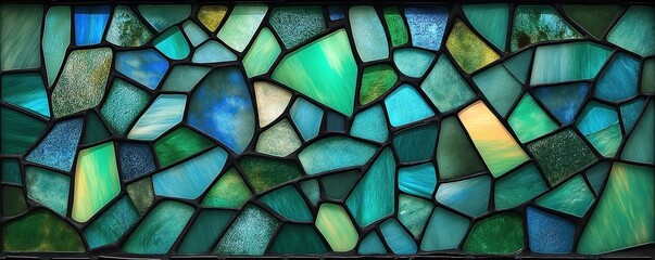 Aufkleber - Close-up view of stained glass window. Mosaic design with abstract geometric shapes in shades of green, blue. Uneven surface creates interesting texture. Glass pieces arranged in random pattern.