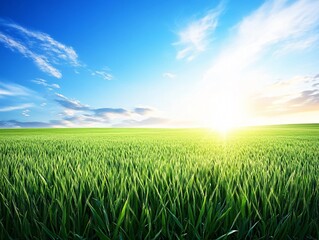 Wall Mural - A vibrant green field under a bright sky with the sun rising on the horizon.