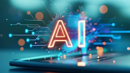 Aufkleber - Glowing ai letters symbolize artificial intelligence emerging from a mobile phone, surrounded by futuristic circuitry and bokeh effects, representing technological advancement and innovation