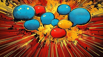 Poster - Colorful comic book style illustration shows many speech bubbles. Dynamic vibrant colors, textures create exciting energy. Great for comic book characters, dynamic storytelling. Ideal for social
