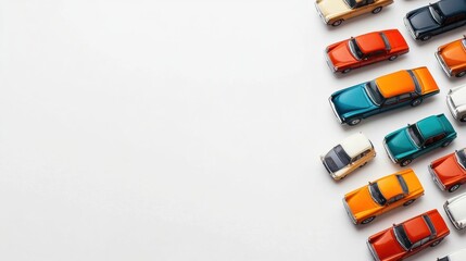 Poster - Various miniature car models are arranged neatly on a white background, leaving space for text or design elements to enhance presentation. Generative AI