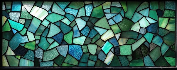 Aufkleber - Detailed view of stained glass window. Mosaic-style design in various shades of teal, green. Irregular shapes create abstract geometric patterns. Dark framing emphasizes textured glass pieces. Unique