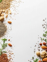 Aufkleber - Organic ingredients such as seeds, nuts, and herbs are artfully scattered on a white background, leaving plenty of space for additional text. Generative AI