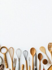 Aufkleber - Various kitchen tools like spatulas, whisks, and spoons are carefully arranged on a white backdrop, creating an inviting cooking atmosphere. Generative AI