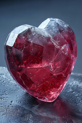Fototapete - A heart-shaped red crystal sits prominently on a textured surface, displaying its multifaceted design. Light reflects off the surface, creating a striking visual effect in soft lighting.