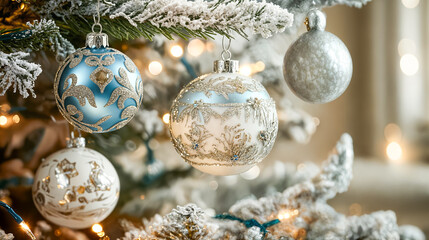 Wall Mural - Christmas ornaments hanging on snowy christmas tree branches creating festive atmosphere