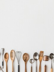 Aufkleber - Kitchen utensils like spatulas and pots are neatly arranged on a white surface, leaving space for more text or designs. Generative AI