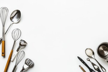 Aufkleber - Various kitchen utensils like spatulas and whisks are neatly placed on a white surface, providing a clean backdrop for text or designs. Generative AI