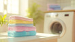 © Nasir - A clean and colorful laundry room with a bright atmosphere, a stack of neatly folded towels, and a modern washing machine by the window for a cozy home feel