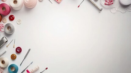 Poster - Assorted sewing essentials like needles, colorful threads, and buttons are neatly organized on a white background, ready for use. Generative AI