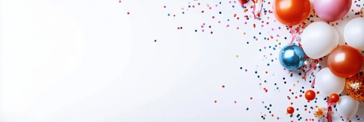 Poster - Brightly colored balloons, confetti, and ribbons are scattered on a white surface, creating a lively atmosphere for celebrations. Generative AI