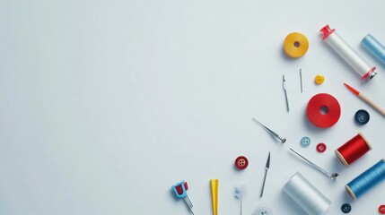 Poster - Sewing tools such as needles, threads, and buttons scattered on a white surface with ample blank space, ideal for creative projects. Generative AI