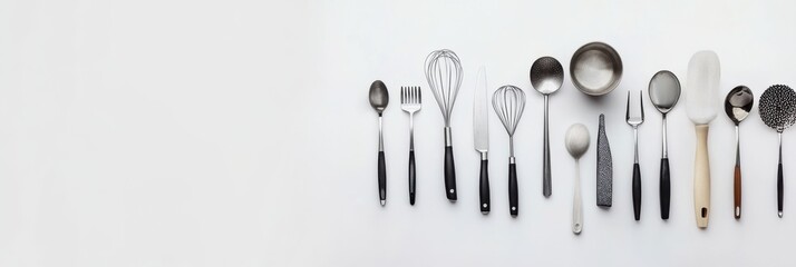 Aufkleber - A collection of kitchen utensils including spatulas, whisks, and spoons is arranged on a clean white surface, inviting culinary inspiration. Generative AI