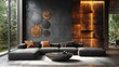 © mochalfin - Modern living room with dark grey sectional sofa, round coffee table, and metallic wall accents.
