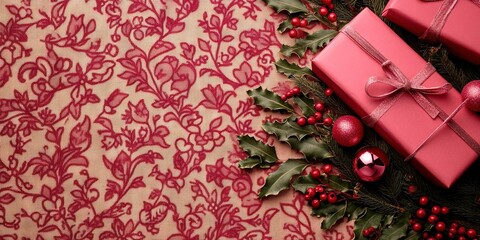 Wall Mural - overhead photo of pink presents on a table with ornaments, holly