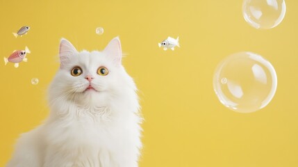 Poster - A fluffy white cat looks curiously at colorful fish floating in bubbles against a vibrant yellow background, with space for text. Generative AI