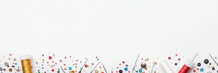 Poster - Colorful sewing essentials like needles, threads, and buttons are arranged neatly on a white background, providing a perfect space for customization. Generative AI
