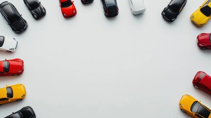 Poster - Various miniature car models are arranged in a circular pattern on a white background, leaving space for text or additional graphics. Generative AI