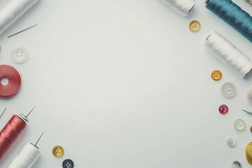 Poster - Sewing supplies like colorful threads, needles, and buttons are neatly organized on a white surface, inviting creative projects with copy space. Generative AI