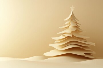 Aufkleber - Layered paper Christmas tree stands against a soft neutral background, providing ample blank space for personalized text and holiday messages. Generative AI