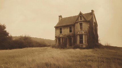 A vintage sepia-toned photo of an old abandoned house in a field