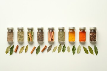 Poster - Small jars filled with vibrant spices, bay leaves, and cinnamon sticks create an aromatic setup with ample space for culinary notes. Generative AI