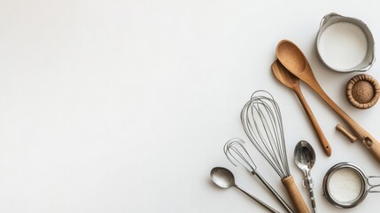 Aufkleber - Arrange various kitchen utensils including spatulas, whisks, and spoons neatly on a clean white surface, allowing for added text. Generative AI