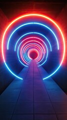 Poster - Neon Circle Tunnel Illuminated Pathway Brick Walls