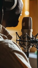 Poster - Singer records music in a studio with headphones and a microphone, showing passion and creativity in pop, rock, hip hop, jazz, or blues