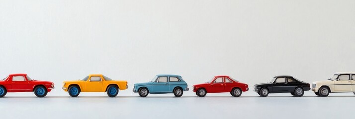 Poster - Colorful miniature car models are neatly arranged on a smooth white surface, providing clear space for additional text and graphics. Generative AI