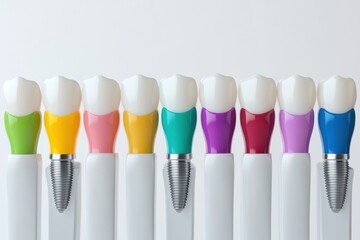 Aufkleber - Schematic presents dental implants in various colors mixed with healthy teeth, set against a white background for text inclusion. Generative AI