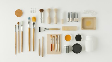 Poster - Art supplies such as brushes, scissors, and various paints are neatly positioned on a white background, inviting creativity and inspiration. Generative AI