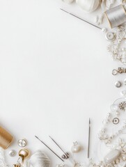 Poster - Various sewing essentials including needles, threads, and buttons are arranged on a white background, leaving space for personalized text. Generative AI