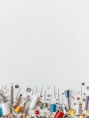 Poster - An assortment of sewing essentials including needles, threads, and buttons is neatly placed on a white surface, leaving open space for notes. Generative AI