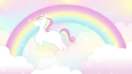 Wall Mural - Animated background with a flying unicorn and rainbow in cloudy sky