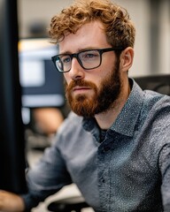Poster - Focused professional analyzing data in modern office environment technology insights urban setting close-up perspective