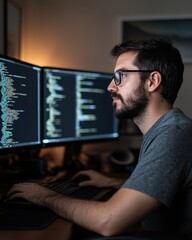 Poster - Coding enthusiast at work home office digital content indoor side view technology and lifestyle integration
