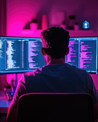 Poster - Coding session home office digital art modern environment rear view technology concept for productivity
