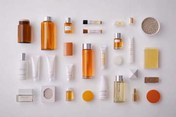 Aufkleber - Skincare containers including jars, tubes, oils, and serums are neatly arranged on a white background, providing space for text and branding. Generative AI