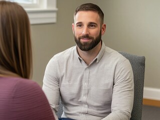 Poster - Engaging conversation between two people modern office photo indoor setting eye-level view communication skills