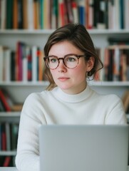 Poster - Focused young woman working on laptop in cozy office space home environment personal development concept