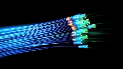 Poster - Radiant Glowing Fiber Optic Cable with Blue and Green Lights in Dark Background