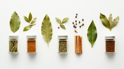 Poster - Small jars filled with vibrant spices, complemented by fresh bay leaves and cinnamon sticks, create an aromatic display on a clean surface. Generative AI