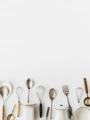 Aufkleber - Various kitchen utensils including spatulas, whisks, pots, and spoons are arranged neatly on a white surface, offering space for additional text. Generative AI
