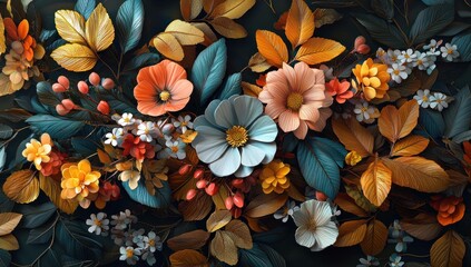 Wall Mural - Beautiful arrangement of colorful flowers and leaves creating a vibrant floral background with intricate details and rich textures in warm autumn hues.