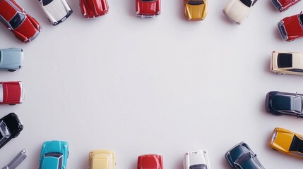 Poster - Various miniature car models are meticulously arranged on a white background, creating an inviting setup with room for additional text. Generative AI