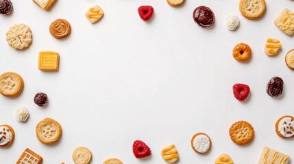 Poster - Colorful sweets and cookies in various shapes and flavors are beautifully arranged on a clean white background, perfect for text inclusion. Generative AI