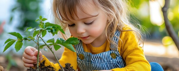 Wall Mural - A young child is planting a small green seedling in the soil, showcasing a joyful connection with nature and gardening.